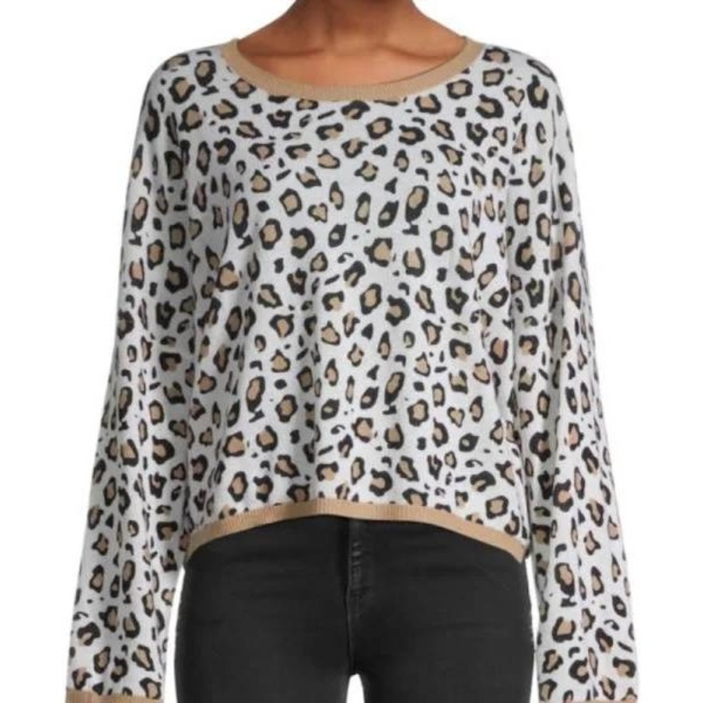 BRODIE CASHMERE Leopard Print Sweater Tan Cream Apres Ski Snow Bunny S
